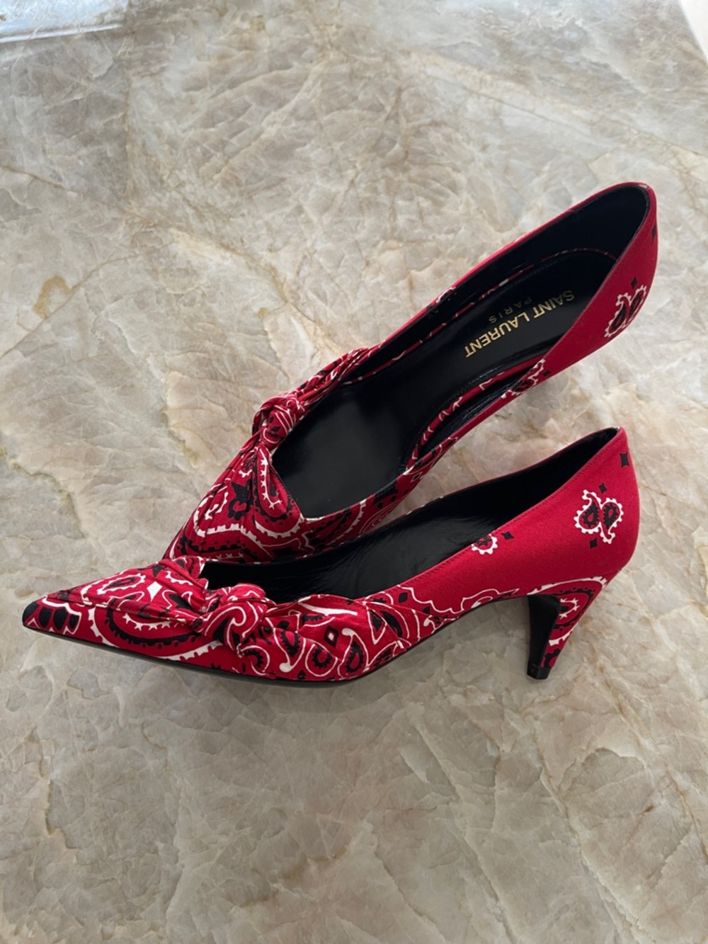 Saint Laurent Red Paisley Pointed Toe Knotted Kitten Heels 👠 - Picture 2 of 8